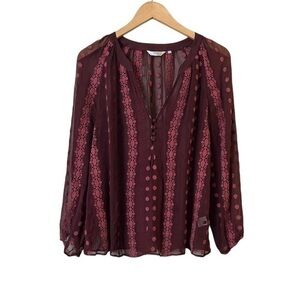 ZOA Burgundy & pink 100% silk embroidered boho semi-sheer long sleeve top